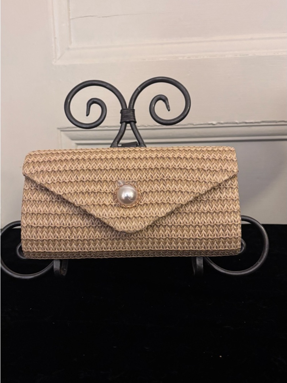 Woven Straw Envelope Clutch with Pearl Accent - Natural